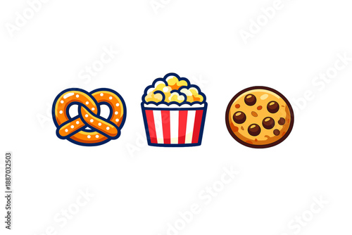 Snack items displayed on a white background with a pretzel, popcorn in a container, and a cookie visible
