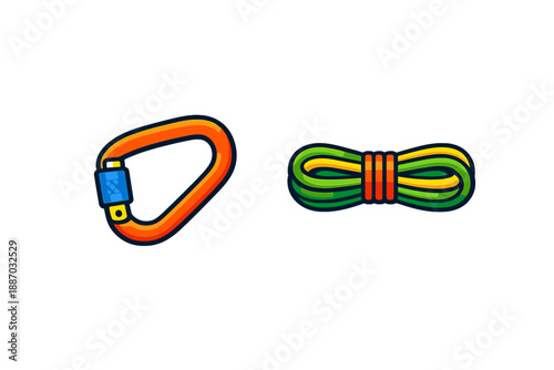 Bright carabiner and coiled climbing rope set on a white background showing equipment used in outdoor activities and rock climbing