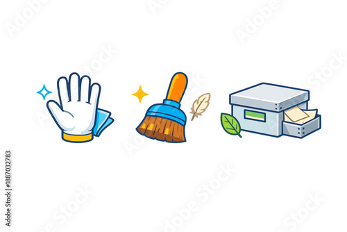 Clean up tools and supplies ready for organizing and tidying at home during a spring cleaning session in a bright indoor space