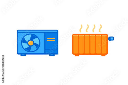 Cooling and heating units in a simple and colorful style showing applications in home environment