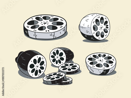 Artistic Lotus Root Slices: A captivating illustration of lotus root slices, showcasing their unique patterns and textures, offering a visual treat.