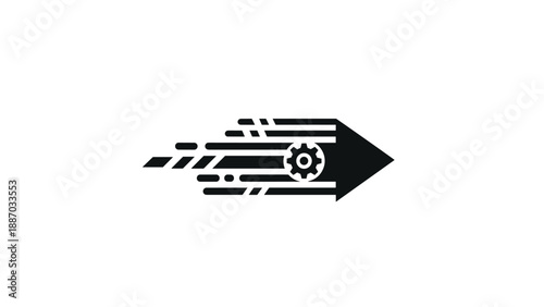 Fast moving arrow with gear icon representing efficient automation, high-speed processes, and industrial business momentum.