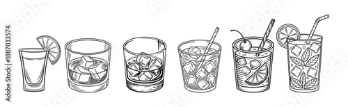 Set of cocktail glasses with ice and garnishes. Alcoholic cocktails sketch vector set.