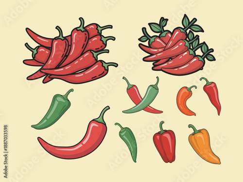 Vibrant Chili Pepper Assortment: A visually appealing composition featuring a colorful array of fresh chili peppers, ranging in shapes, sizes, and hues, ready to spice up your culinary endeavors.