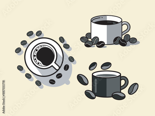 Coffee Delight: Three distinct views of a cup of coffee and coffee beans, meticulously arranged against a warm, neutral backdrop. The different angles showcase the simple elegance of the coffee.
