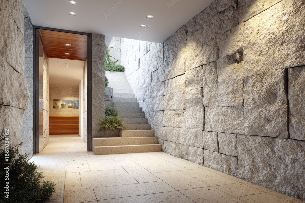 Obraz premium Modern hallway with stone walls and a staircase leads to an interior.