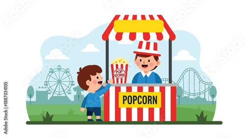 Flat vector illustration of a kid buying popcorn at a theme park snack kiosk with clear menu icons, queue ropes, benches, balloons and open copy space. Solid colors, no gradients