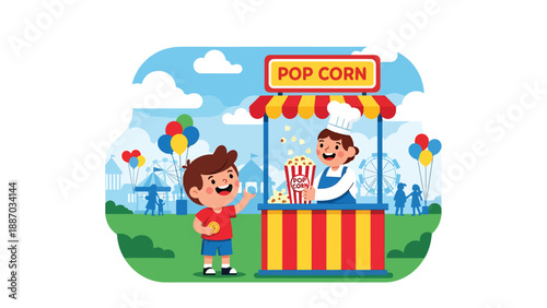 Flat vector illustration of a kid buying popcorn at a theme park snack kiosk with clear menu icons, queue ropes, benches, balloons and open copy space. Solid colors, no gradients