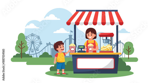 Flat vector illustration of a kid buying popcorn at a theme park snack kiosk with clear menu icons, queue ropes, benches, balloons and open copy space. Solid colors, no gradients