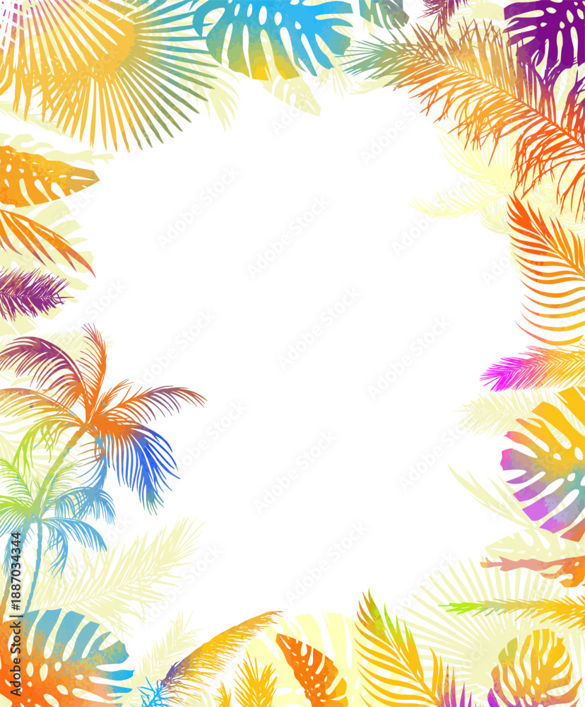 Naklejka premium Multicolored palm leaf frame . Hand drawn. Not AI, vector illustration.