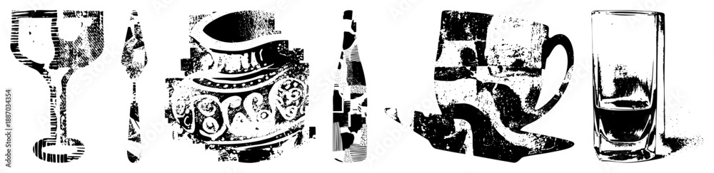 Obraz premium Vintage Glassware and Bottle Set with Halftone Texture