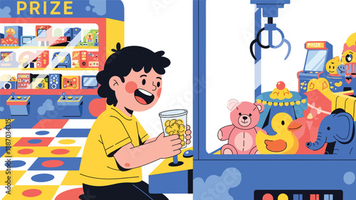 Flat vector illustration of a kid playing a claw machine in a theme park arcade, holding tokens, aiming for plush prizes, with signs and patterned floor. Solid colors, no gradients