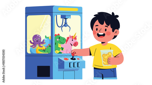 Flat vector illustration of a kid playing a claw machine in a theme park arcade, holding tokens, aiming for plush prizes, with signs and patterned floor. Solid colors, no gradients