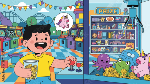 Flat vector illustration of a kid playing a claw machine in a theme park arcade, holding tokens, aiming for plush prizes, with signs and patterned floor. Solid colors, no gradients
