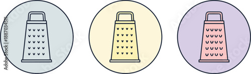 Kitchen grater icon set in pastel flat outline style for cooking food preparation apps and UI design