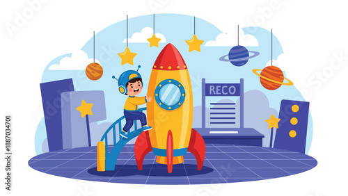 Flat vector illustration of a kid climbing a rocket-shaped play structure in a space-themed park zone with planets, star decor and launchpad stage backdrop. Solid colors, no gradients