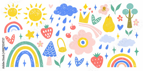 Colorful doodle art featuring sun rainbows clouds fruits and flowers