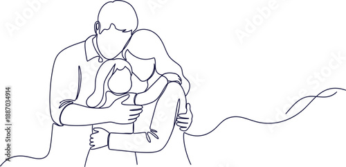 Warm family hug in continuous line drawing style, symbolizing love, togetherness, and connection. Minimalist illustration for concepts of family values and support.