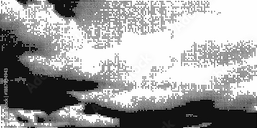 Abstract black and white pixelated image resembling clouds or smoke formations