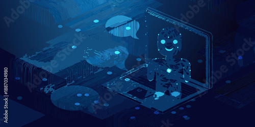 Digital humanoid figure emerges from a laptop screen in a futuristic setting