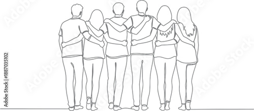One-line illustration of six people standing arm-in-arm, conveying solidarity, companionship, and a strong sense of community