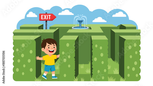 Flat vector illustration of a kid exploring a hedge maze with a clue card, tall green walls, direction arrows, exit sign and central fountain visible above. Solid colors, no gradients