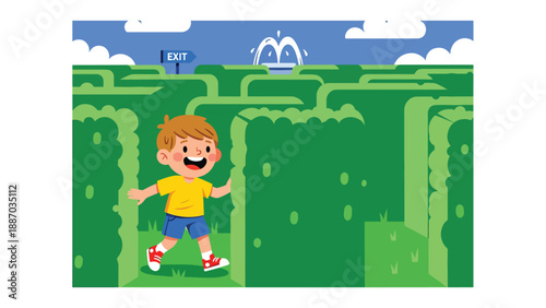 Flat vector illustration of a kid exploring a hedge maze with a clue card, tall green walls, direction arrows, exit sign and central fountain visible above. Solid colors, no gradients