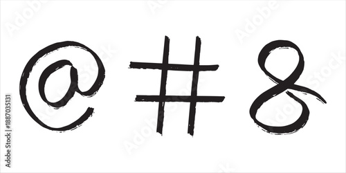Hashtag hand drawn brush stroke dirty art symbol. At the rate icon. Ampersand symbol. Punctuation sign. Black and white composition