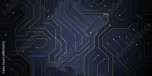 Abstract dark blue background with golden circuit board pattern and connections