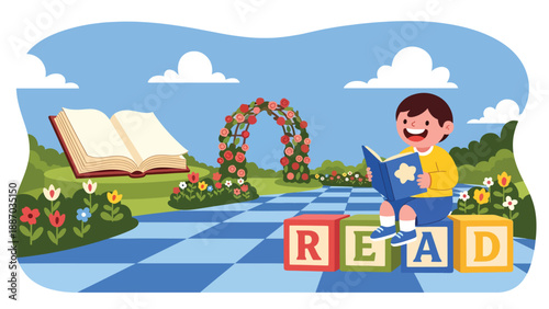 Flat vector illustration of a kid reading on oversized letter blocks in a storybook garden with giant open-book sculpture, flowers and trellis arch. Solid colors, no gradients