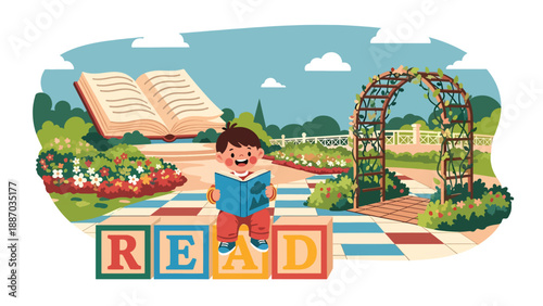 Flat vector illustration of a kid reading on oversized letter blocks in a storybook garden with giant open-book sculpture, flowers and trellis arch. Solid colors, no gradients