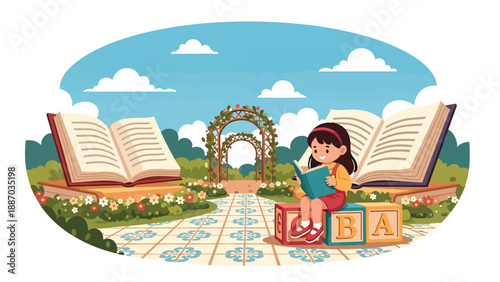 Flat vector illustration of a kid reading on oversized letter blocks in a storybook garden with giant open-book sculpture, flowers and trellis arch. Solid colors, no gradients