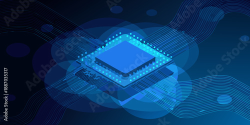 Abstract blue background featuring a microchip and flowing circuit lines