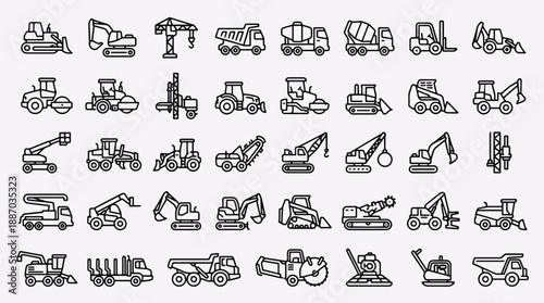 Collection of various construction vehicles and equipment icons in black and white line art style