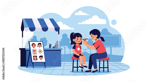 Flat vector illustration of a kid getting face paint at a theme park booth with canopy, sample designs board, queue stanchions and cheerful decor. Solid colors, no gradients