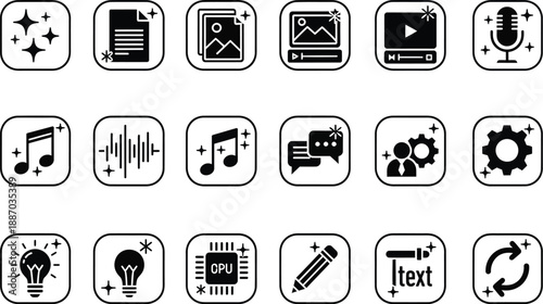 Collection of black and white icons for digital content creation and business: sparkles, document, photo, video editor, play button, microphone, music notes, audio waveform, chat, gears, user icon, li