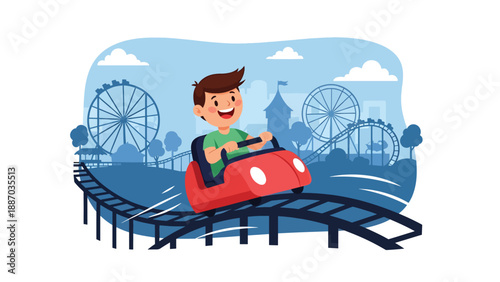Flat vector illustration of a kid riding a gentle family roller coaster with safety bar, curved track, fun flags, speed lines and park skyline silhouettes. Solid colors, no gradients