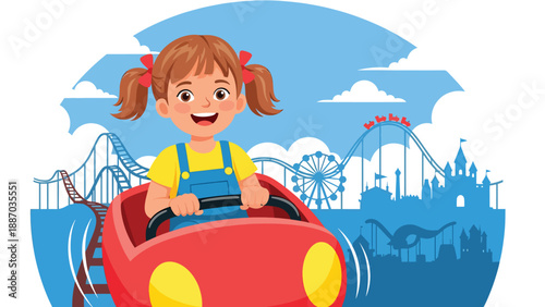 Flat vector illustration of a kid riding a gentle family roller coaster with safety bar, curved track, fun flags, speed lines and park skyline silhouettes. Solid colors, no gradients