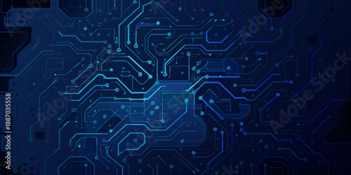 Abstract blue circuit board pattern with glowing lines and digital connections