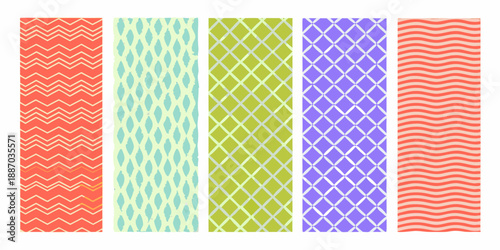 Colorful patterned rectangles displaying various geometric designs and vibrant hues