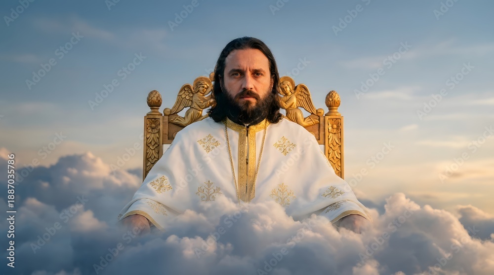 Fototapeta premium Man as Jesus Christ in priest robe sitting on a golden throne in clouds. Religious depiction of divine power and majesty for Christian art.