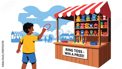Flat vector illustration of a kid playing ring toss at a carnival game stall with striped canopy, prize shelves, ticket counter and round bulb lights. Solid colors, no gradients