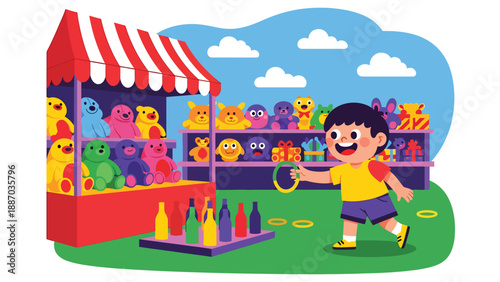 Flat vector illustration of a kid playing ring toss at a carnival game stall with striped canopy, prize shelves, ticket counter and round bulb lights. Solid colors, no gradients