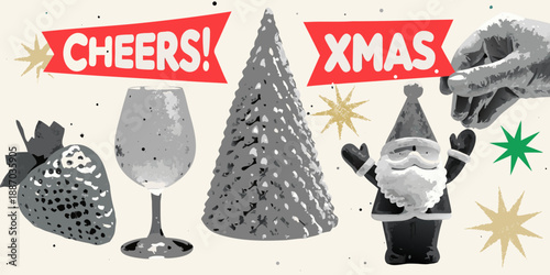 Festive christmas collage with champagne gnome tree and celebratory message