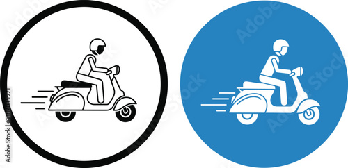 Scooter rider delivery icon set in outline and flat circular styles for logistics apps and urban transport
