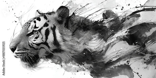 Dynamic black and white ink illustration of a roaring tiger in motion