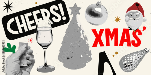 Festive collage displaying christmas cheers a santa hat and celebratory elements