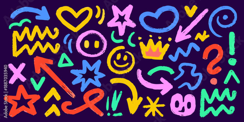 Colorful doodle art with hearts stars and playful symbols on a dark background