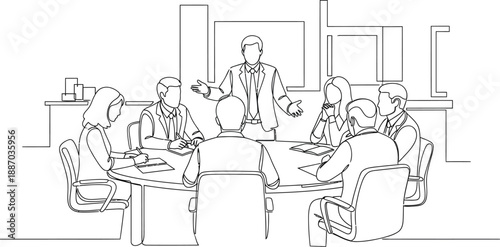 Business meeting in a modern office, depicted in a clean, single-line drawing style, showing team collaboration and discussion.
