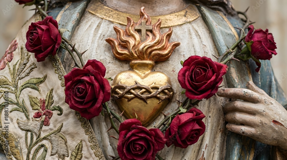 Fototapeta premium Golden Sacred Heart of Mary with thorny vines and red roses, representing deep spiritual love and suffering in Catholic devotion for religious design